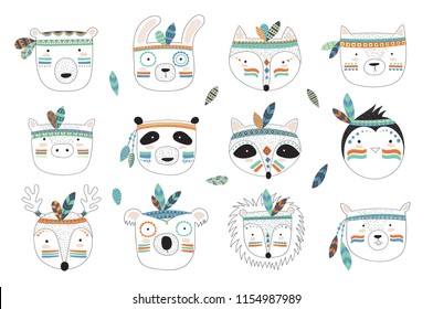 Vector indian tribal animals faces collection. Doodle illustration. Friendship day, Valentine's, anniversary, birthday, children's or teenager party