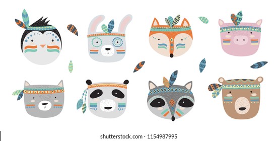 Vector indian tribal animals faces collection. Doodle illustration. Friendship day, Valentine's, anniversary, birthday, children's or teenager party