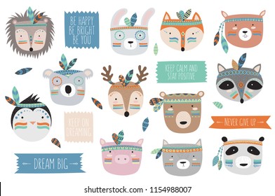 Vector indian tribal animals faces collection with motivational slogan. Doodle illustration. Friendship day, Valentine's, anniversary, birthday, children's or teenager party