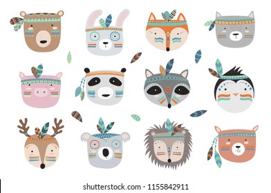 Vector indian tribal animals faces collection. Doodle illustration. Friendship day, Valentine's, anniversary, birthday, children's or teenager party