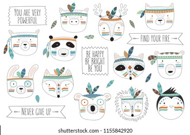 Vector indian tribal animals faces collection with motivational slogan. Doodle illustration. Friendship day, Valentine's, anniversary, birthday, children's or teenager party