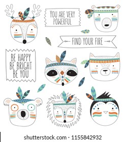 Vector indian tribal animals faces collection with motivational slogan. Doodle illustration. Friendship day, Valentine's, anniversary, birthday, children's or teenager party