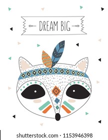 Vector indian tribal raccoon face with motivational slogan. Doodle illustration. Friendship day, Valentine's, anniversary, birthday, children's or teenager party