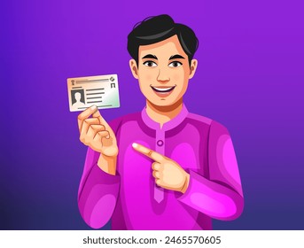 Vector of an Indian village man with a smiling face showing his voter card in hand to cast a vote at polling station. Election in India concept