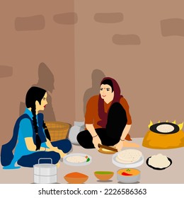 Vector of Indian village women cooking in her traditional Kitchen, Preparing lunch for her daughter or family.