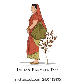 Vector Indian villager drawing, An illustration of farmer, A beautiful lady wearing Indian traditional saree