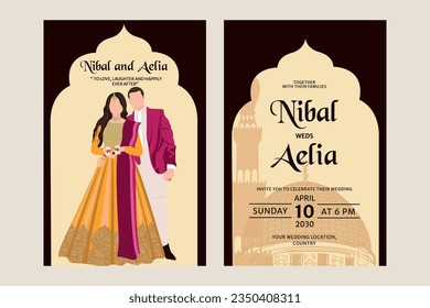 Vector indian wedding invitation card containing bride and groom wearing green colour mehendi outfits