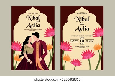 Vector indian wedding invitation card containing bride and groom wearing green colour mehendi outfits