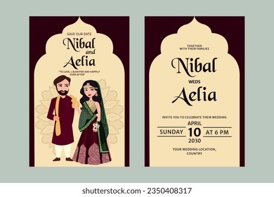 Tarjeta de invitación a la boda india vectorial que contiene a la novia y al novio vestidos con ropa de mehendi de color verde