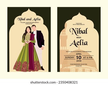 Vector indian wedding invitation card containing bride and groom wearing green colour mehendi outfits