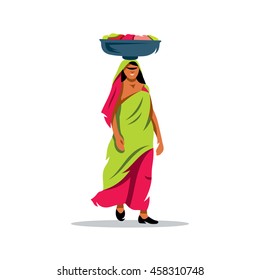 Vector indian woman Cartoon Illustration. Lady carrying a basin on her head. Unusual Logo template isolated on a white background