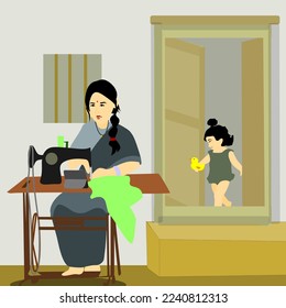 Vector of Indian women tailor watching tab and using sewing machine. 
