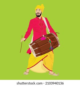 Vector of Indian Young Sikh Playing Bhangra on Dhol, wearing Ethnic Dress - Dhoti and Kurta. Editable Illustration.