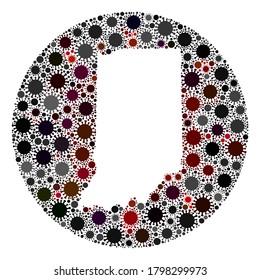 Vector Indiana State map collage of covid-2019 virus. Infection attacks the isolated territory from outside. Stencils circle Indiana State map collage created with infection icons.