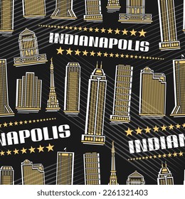 Vector Indianapolis Seamless Pattern, repeating background with illustration of indianapolis city scape on dark background for wrapping paper, decorative line art urban poster with text indianapolis