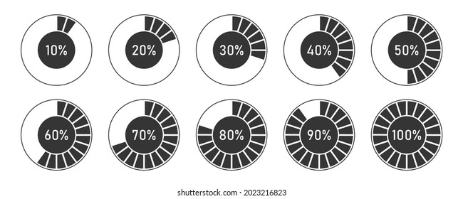 Vector indicator loading. Set of black circular progress bar icon. Vector percentage indicators. Circle diagrams for infographics.