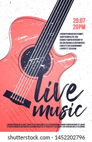 Vector Indie Rock Live Music Poster Template With Acoustic Guitar. Festival Pop Punk Design.