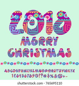 Vector indie style colorful pattern merry Christmas 2018 greeting card. Set of Children Alphabet Letters, Numbers and Symbols