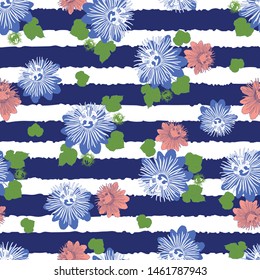 Vector indigo blue stripes seamless pattern with leaves and wild flower. Suitable for textile, gift wrap and wallpaper.