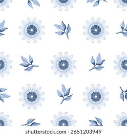 Vetor azul tema Flores e folha Espalhadas em um padrão de fundo branco. Fundo para têxteis, cartões, fabricação, papéis de parede, impressão, papel de presente