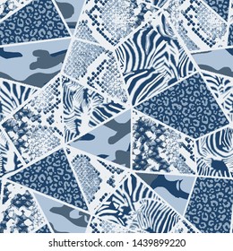 vector indigo colored , monochrome animal skins pattern textures mixed mosaic style seamless