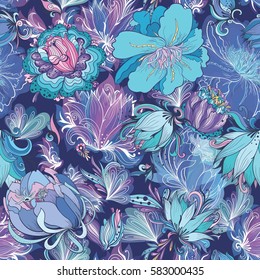 Vector Indigo Flower Pattern | Seamless floral texture with doodle lily, lotus and peonies on dark blue background