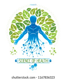 Vector individual, mystic character deriving from the futuristic molecular connections and created with eco tree leaves. Recycling and reuse concept, renewable resources idea.