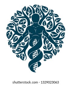 Vector individual, mystic character deriving from DNA strands and made with eco tree leaves. Human, science and ecology interaction, technology and nature balance.