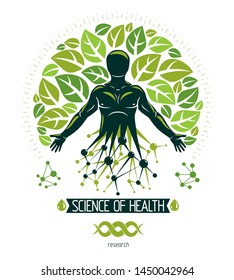 Vector individual, mystic character deriving from the futuristic molecular connections and created with eco tree leaves. Recycling and reuse concept, renewable resources idea.
