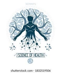 Vector individual, mystic character deriving from the futuristic molecular connections and created with eco tree leaves. Recycling and reuse concept, renewable resources idea.