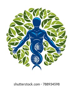 Vector individual, mystic character deriving from DNA strands and made with eco tree leaves. Recycling and reuse concept, renewable resources idea.