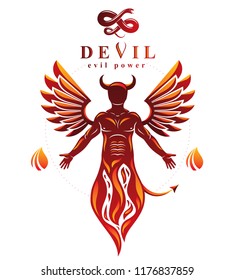 Vector individual, mystic character made with wings and emerging from fire. Demonic infernal creature, horned wicked Lucifer. 