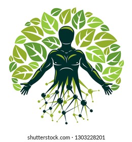 Vector individual, mystic character made using molecular connections and eco tree leaves. Recycling and reuse concept, renewable resources idea.
