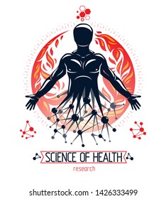Vector individual, mystic character made with futuristic wireframe connections and surrounded by a fireball. Molecular biotechnology idea, technology and nature interaction.