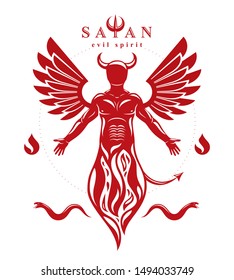 Vector individual, mystic character made with wings and emerging from fire. Demonic infernal creature, horned wicked Lucifer.