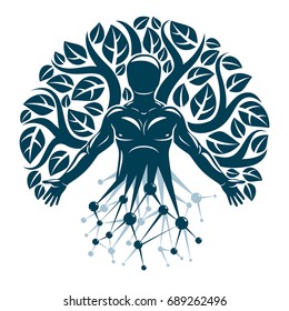 Vector individual, mystic character made with wireframe mesh connections and eco tree leaves. Human, science and ecology interaction, technology and nature balance.