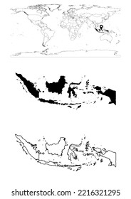 Vector Indonesia map, map of Indonesia showing country location on world with solid and outline maps for Indonesia on white background. File is suitable for digital editing and prints of all sizes.