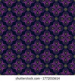Vector estilo batik indonesio floral fondo de patrón sin fisuras. Flores estilizadas en morado, doradas sobre fondo oscuro. Elegante diseño dibujado a mano. Geométrico por todas partes para el bienestar, tejido, decoración