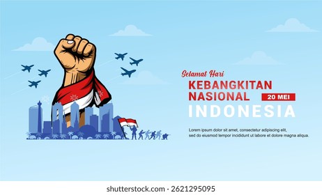 Vector of Indonesian National Awakening Day (Hari kebangkitan Nasional) with raised fist, waving red-white flag, blue sky background. Perfect for patriotic themes.