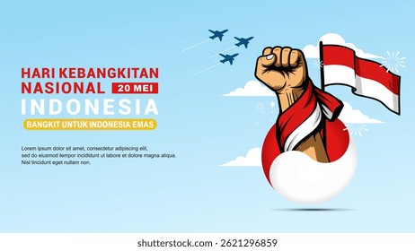 Vector of Indonesian National Awakening Day (Hari kebangkitan Nasional) with raised fist, waving red-white flag, blue sky background. Perfect for patriotic themes.