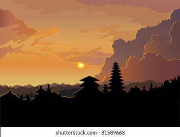 Vector indonesian old temple pura Besakih on a cloudy sunset background. Bali.