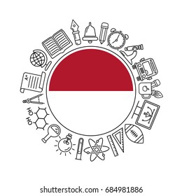 Vector Indonesian school background, with black linear icons on white. Education of Indonesia pattern with modern line style icons and Indonesian flag.