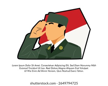vetor Soldado indonésio Salutar em frente da bandeira e ir soekarno projeto de ilustração vetorial