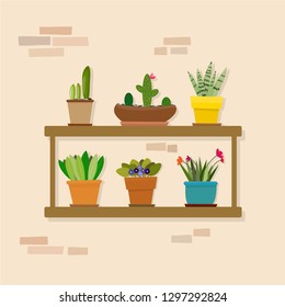 Vector.Set of indoor plants on the shelves. Various flowers, plants in pots on brick background.Great for flower shop banner, poster, prints. Set of elements for design a flat, office,house interior. 