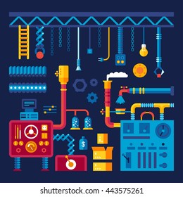 Vector industrial background. Set of abstract machines, gears, pipes, construction. Color bright cartoon flat design for banner, website, poster. Flat style vector illustration