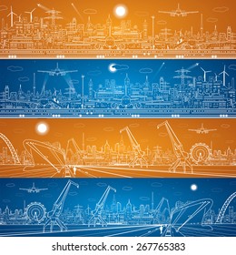 Vector Industrial Cargo Port And Airport Panorama, Vector Lines Transport Landscape, Night City, Airplane Fly, Ship On The Water, Vector Design 