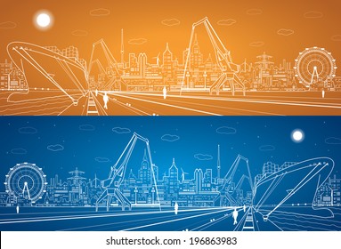 Vector industrial cargo port panorama, white lines landscape, night city, ship on the water