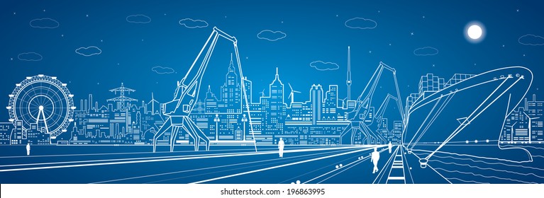 Vector industrial cargo port panorama, white lines landscape, night city, ship on the water