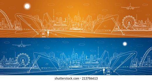Vector industrial cargo port panorama, white lines landscape, night city, ship on the water