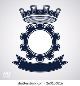 Vector industrial design element, cog wheel with a coronet and black decorative curvy ribbon. High quality manufacturing gear icon. Best engineering project award conceptual symbol.